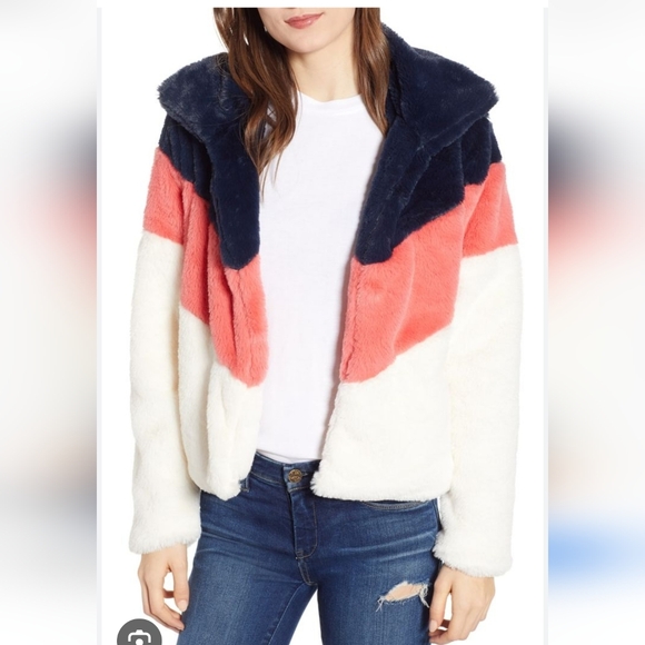 Madison and Berkeley faux fur jacket blue pink cream M - Picture 1 of 12